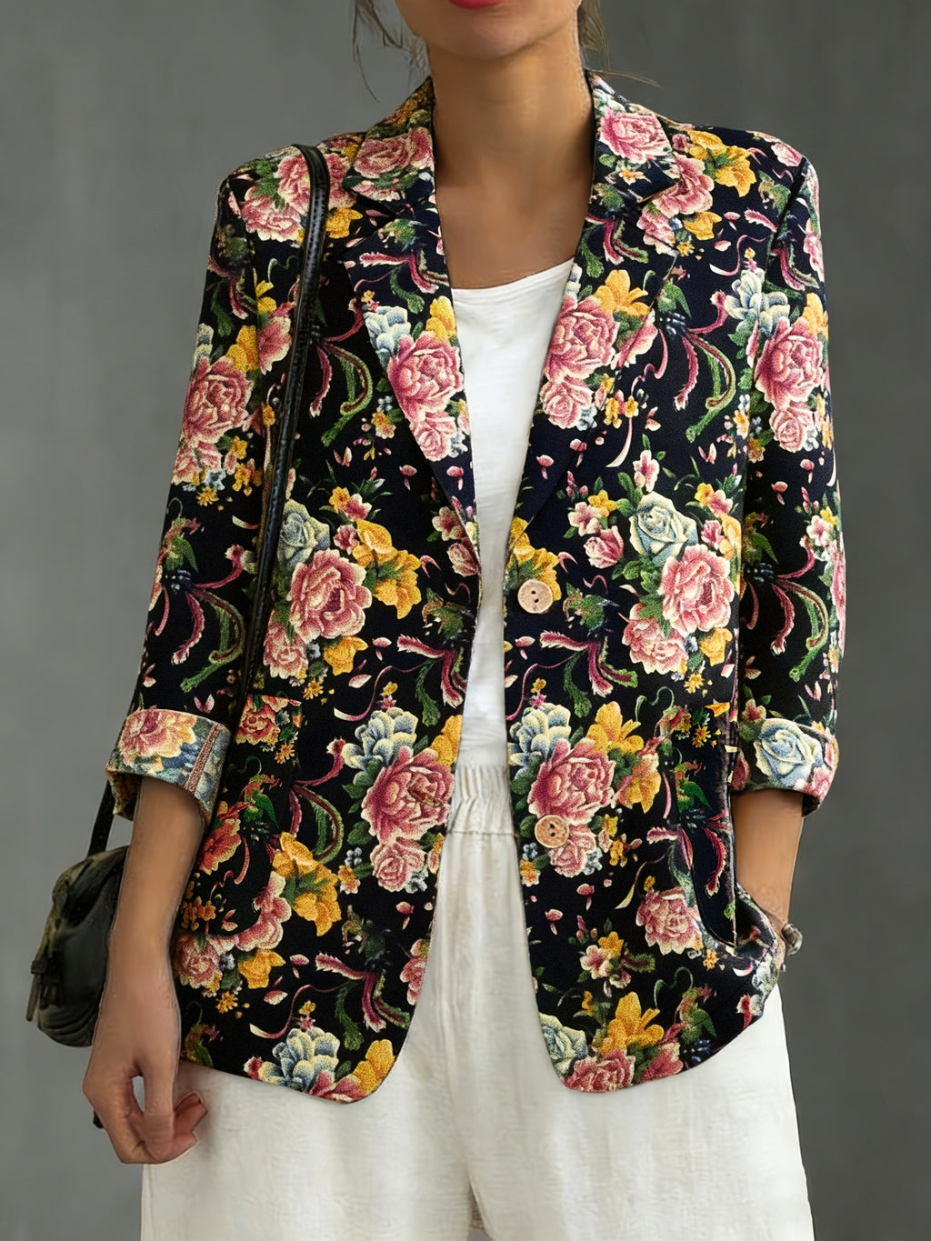 Blazer grande taille à imprimé fleuri, coupe ample, tombé fluide, détail du tissu
