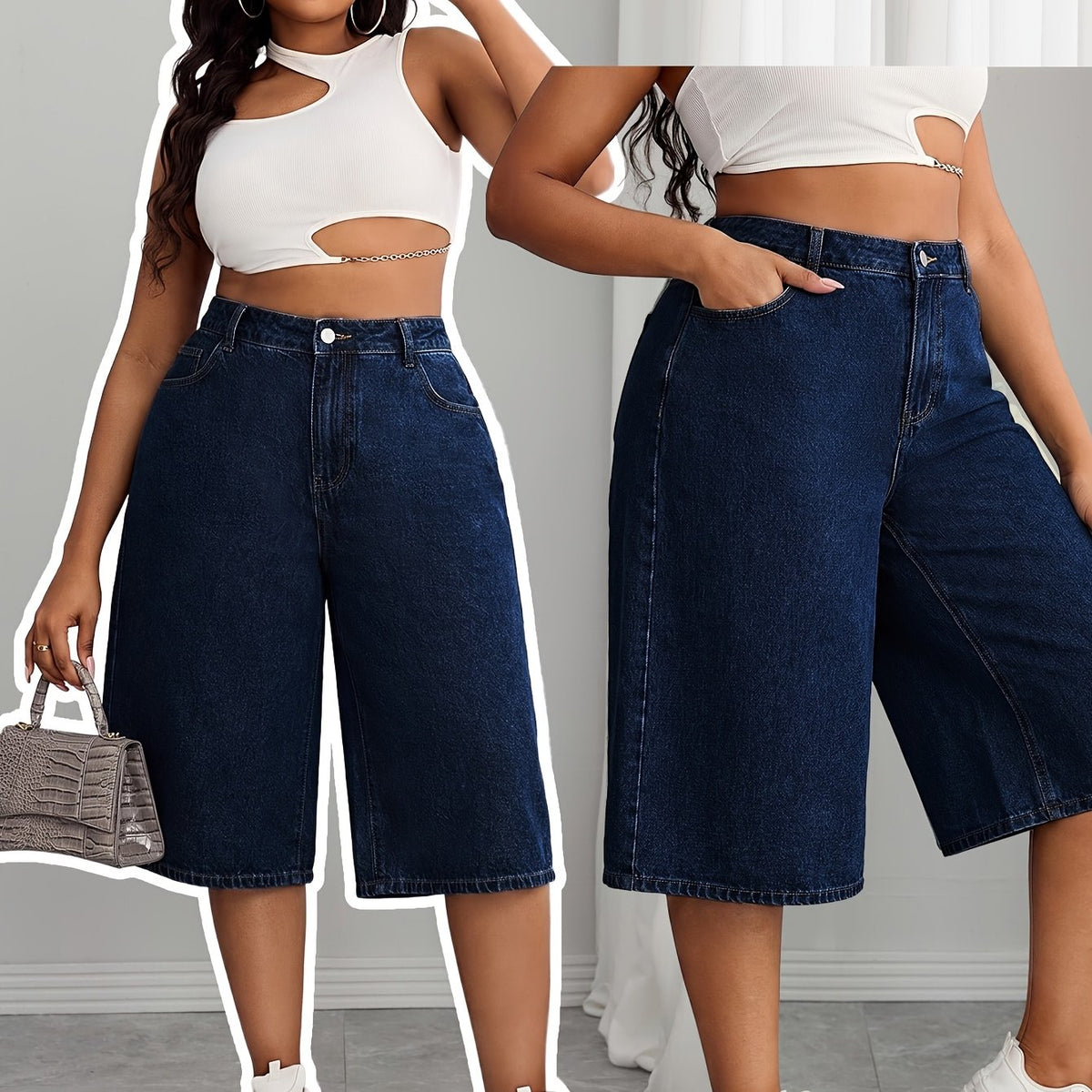Short grande taille, coupe évasée, tenue franche, basique du quotidien — matière : denim Image