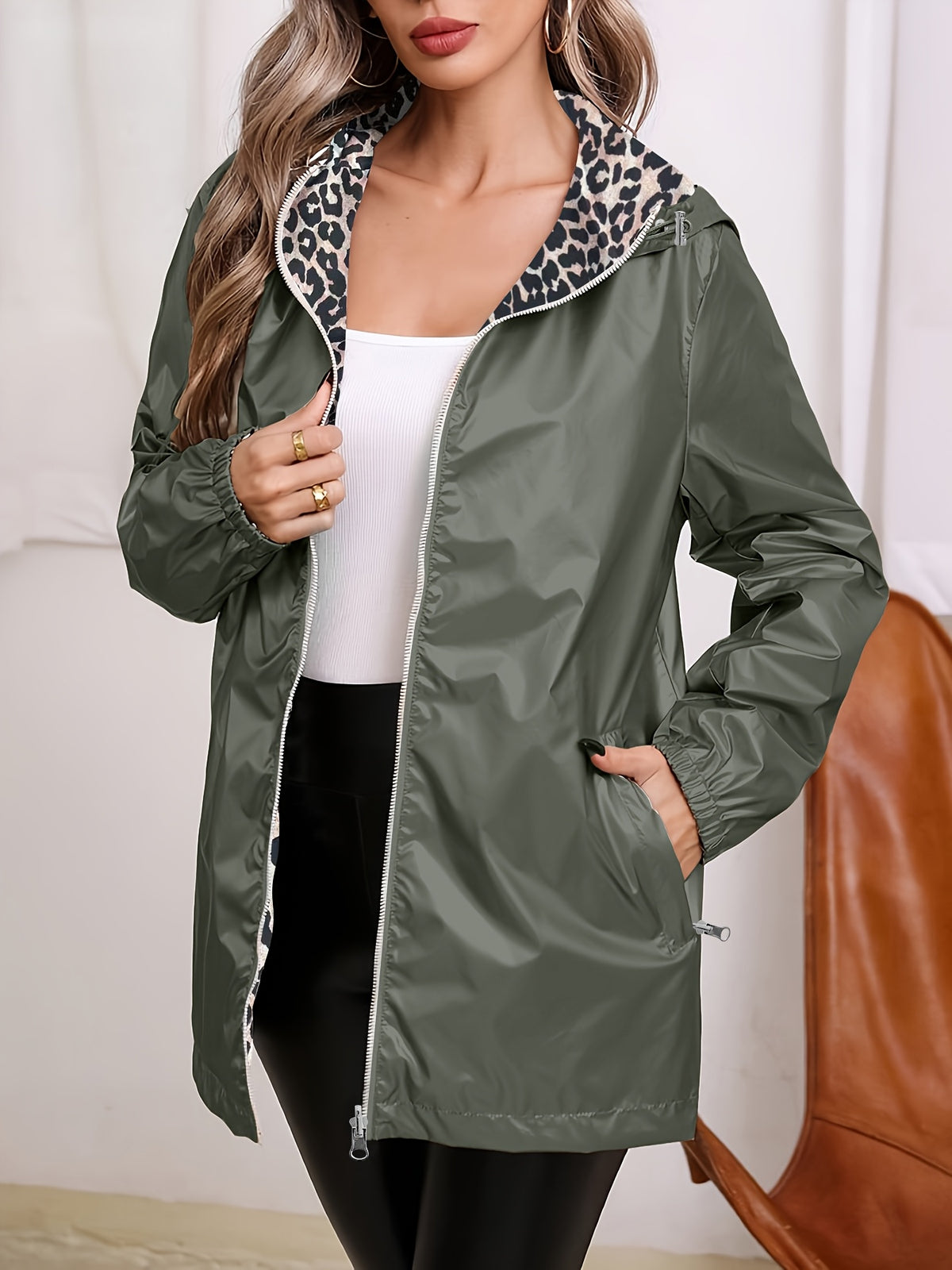 Veste grande taille à imprimé léopard, coupe ample, capuche Image