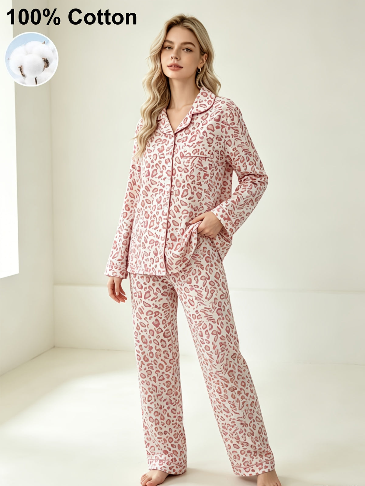 Pyjama grande taille à imprimé léopard, toucher naturel, chaleur d'hiver