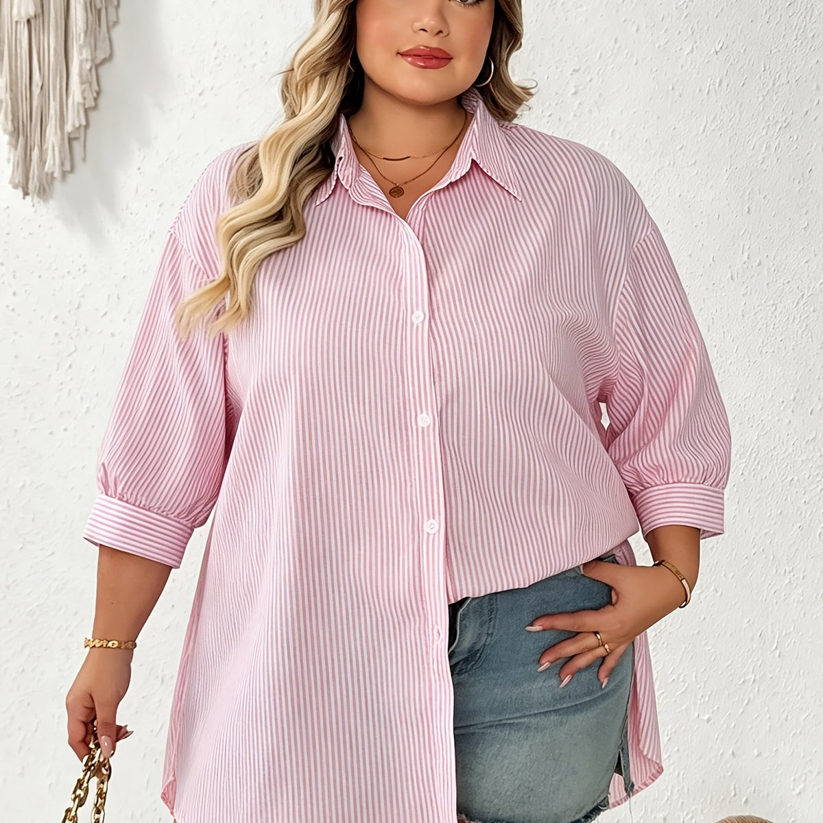 Chemise grande taille à rayures, coupe oversize, col polo, manches longues — composition : 78% Polyester, 22% Viscose