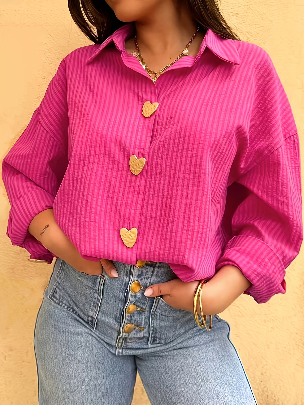 Chemise grande taille à rayures, boutonnage, manches longues, vu de dos