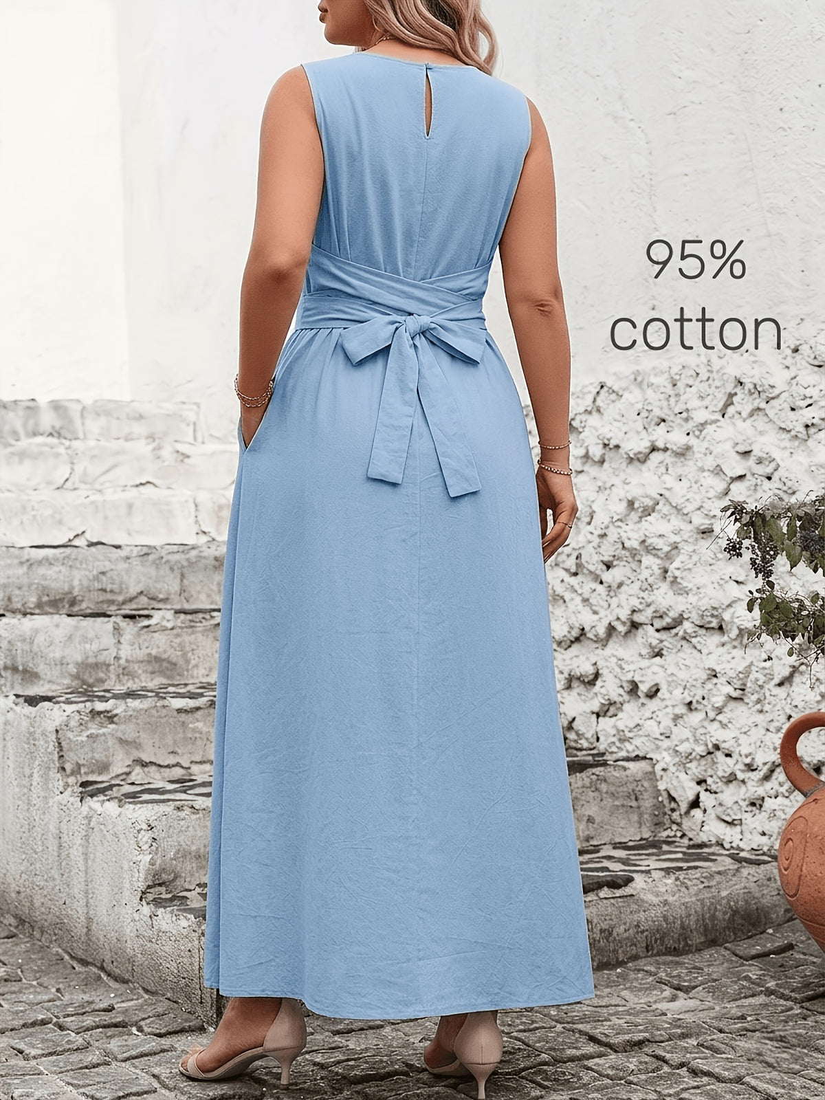 Robe longue grande taille — Coton, ceinture nouée au dos