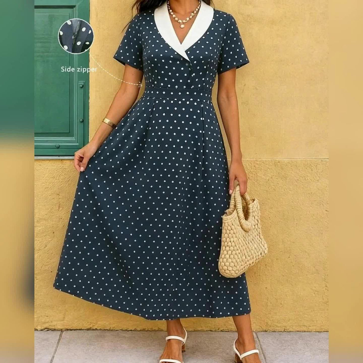 Robe midi grande taille — Imprimé à pois et revers blancs