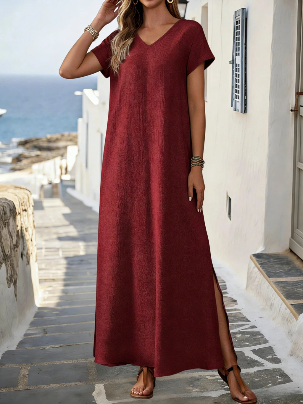 Robe longue grande taille — Viscose froissée et fentes hautes