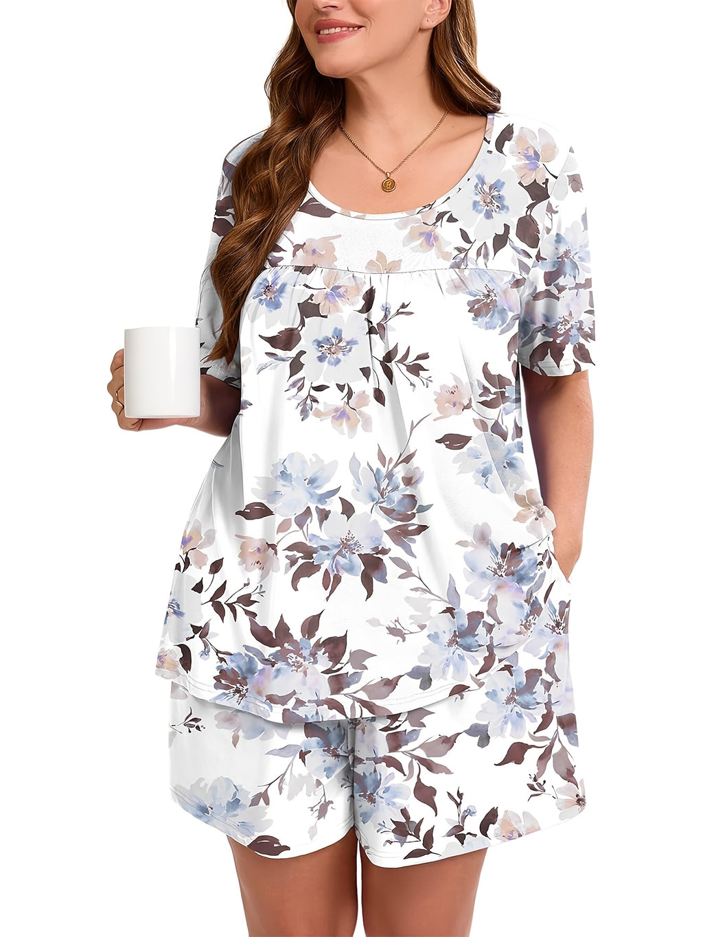 Pyjama grande taille à imprimé fleuri, manches courtes, autre coloris