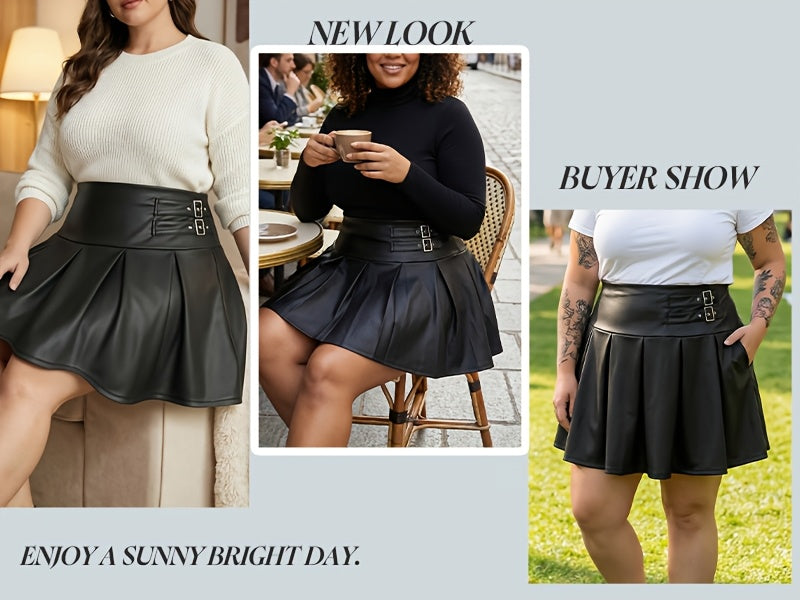 Jupe grande taille en cuir synthétique, plissés, allure cuir, vu de dos