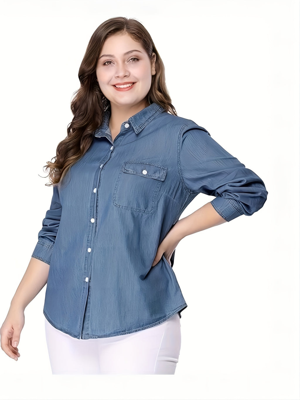Chemise grande taille, col à revers, poches plaquées, manches longues, autre coloris