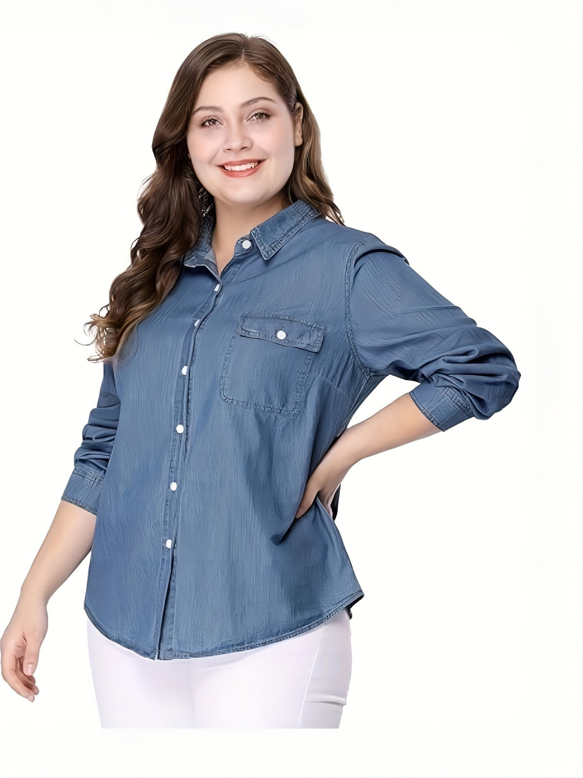 Chemise grande taille, col à revers, poches plaquées, manches longues, autre coloris