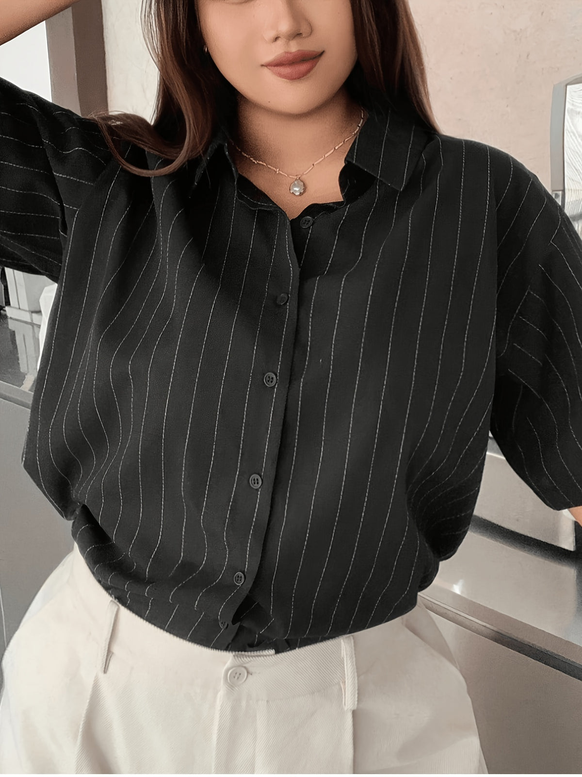 Veste grande taille à rayures, coupe oversize, manches courtes — composition : 100% Polyester