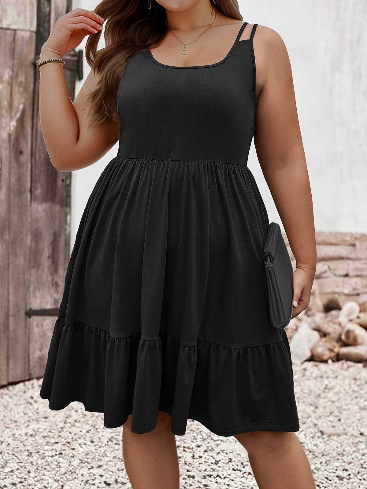 Robe courte grande taille — Double bretelle et jersey froncé