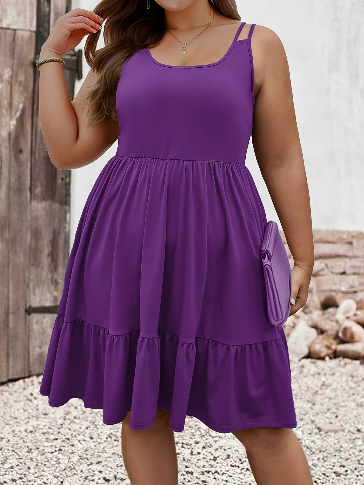 Robe courte grande taille — Double bretelle et jersey froncé
