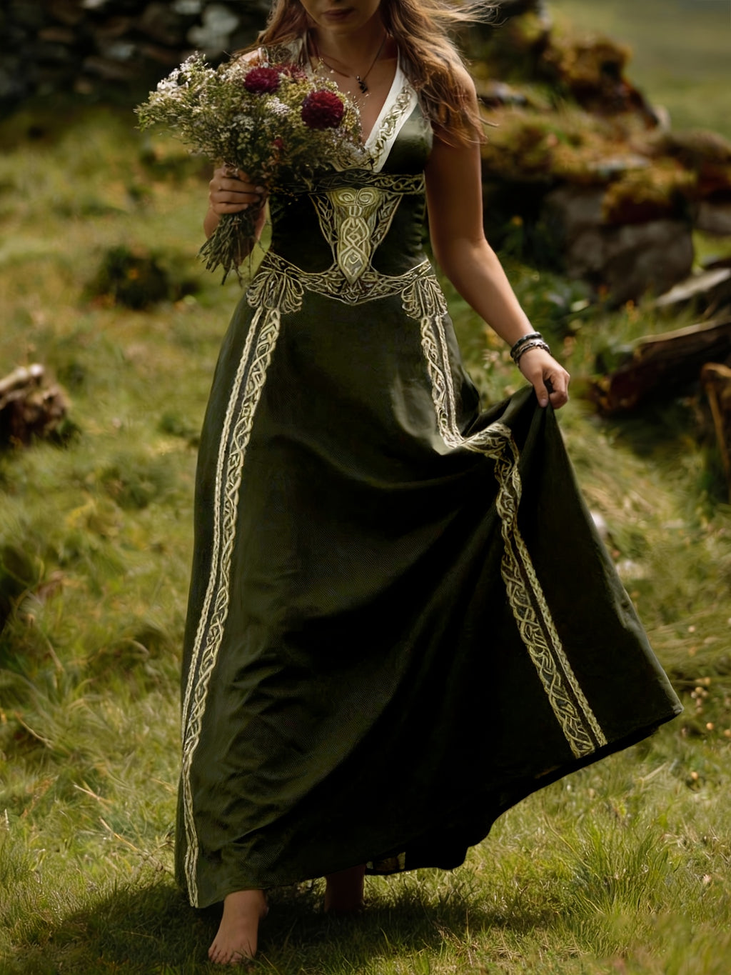 Robe longue grande taille — Entrelacs celtiques et col en V
