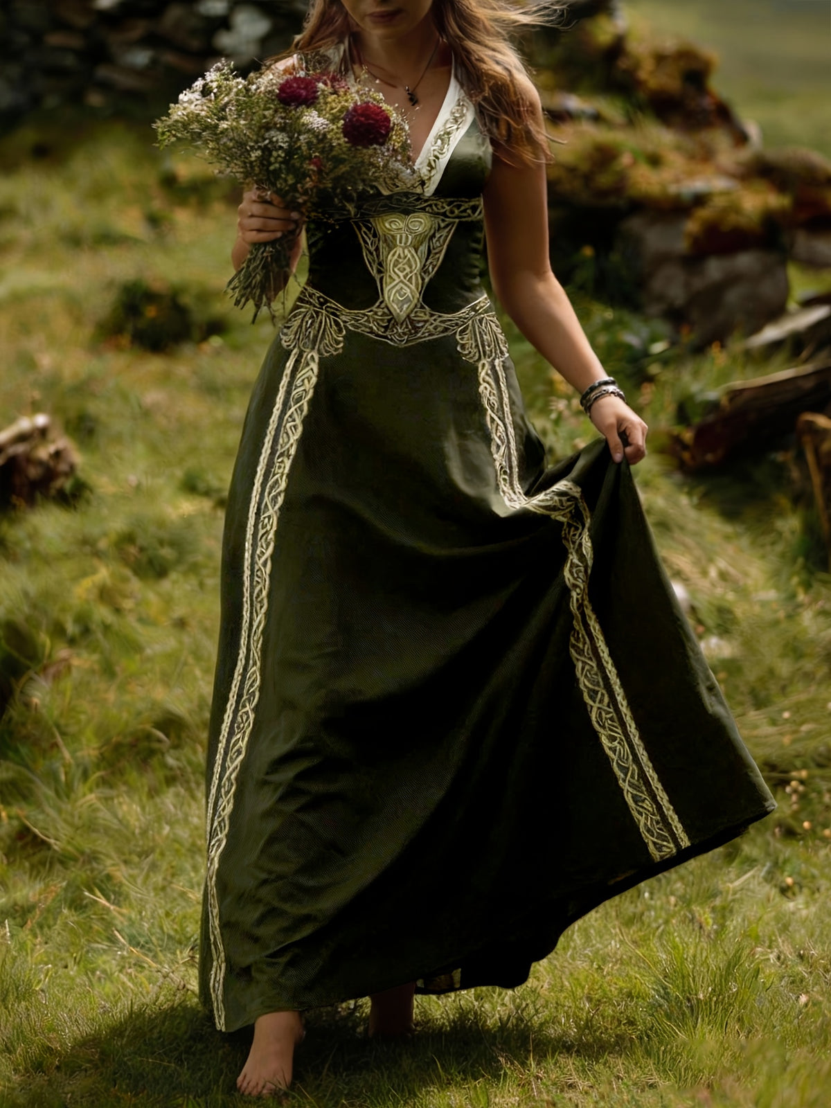 Robe longue grande taille — Entrelacs celtiques et col en V