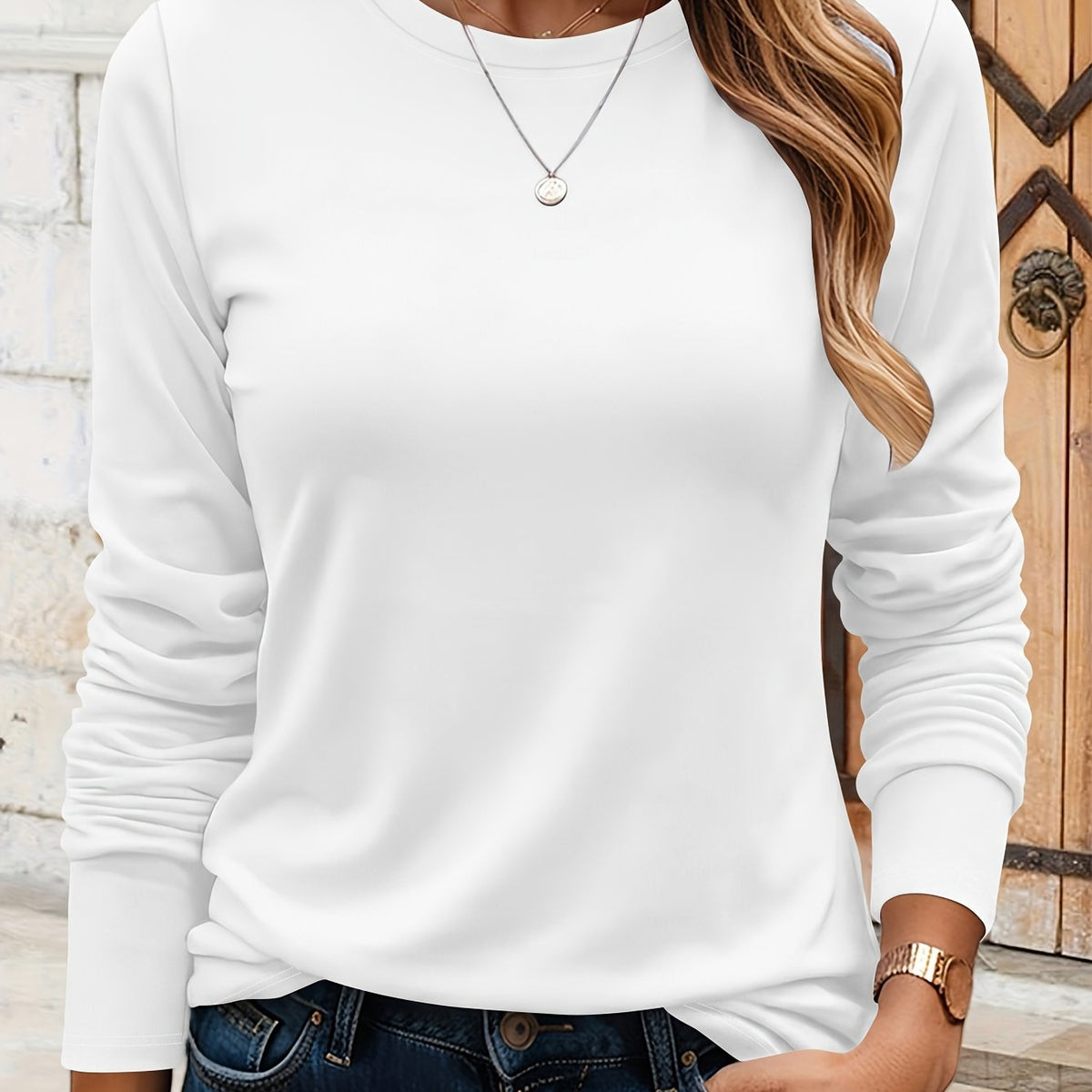 T-shirt grande taille, col rond, manches longues, toucher naturel, vu de dos