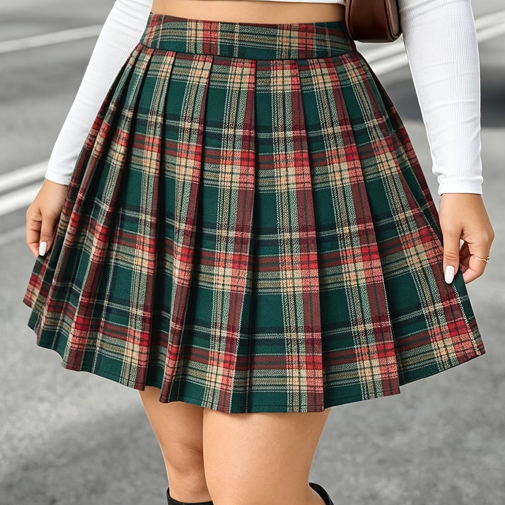 Jupe grande taille à carreaux, fermeture zippée — matière : polyester