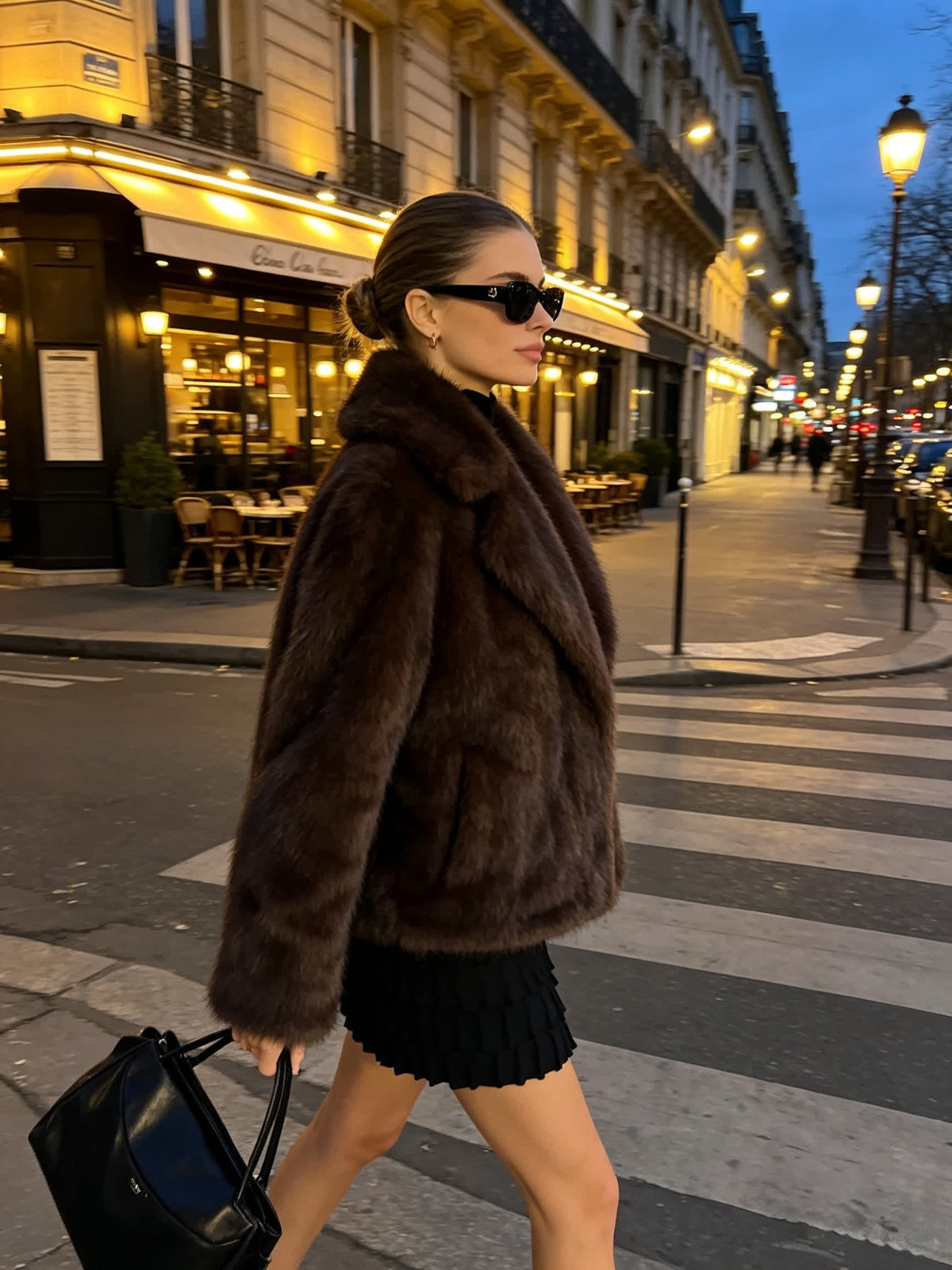 Veste grande taille en fausse fourrure, coupe ample, col, détail du tissu