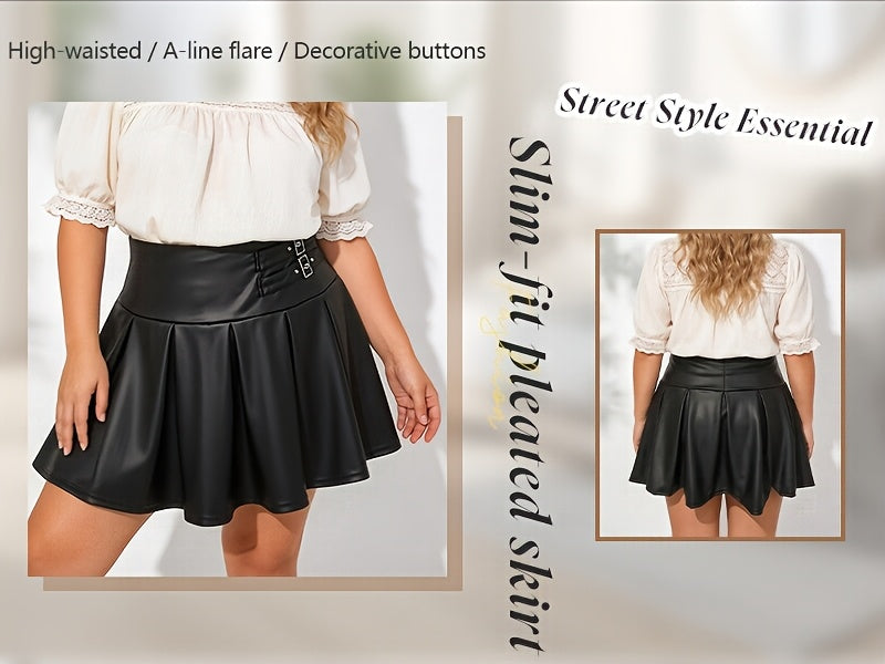 Jupe grande taille en cuir synthétique, coupe courte, plissés, allure cuir — composition : 70% Polyester, 25% Polyuréthane, 5% Élasthanne