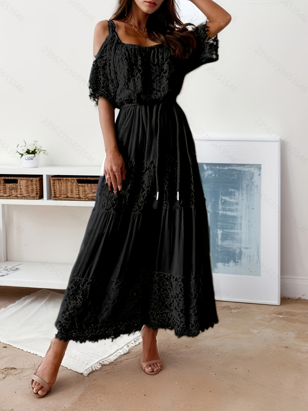 Robe midi grande taille, guipure ajourée, onze coloris