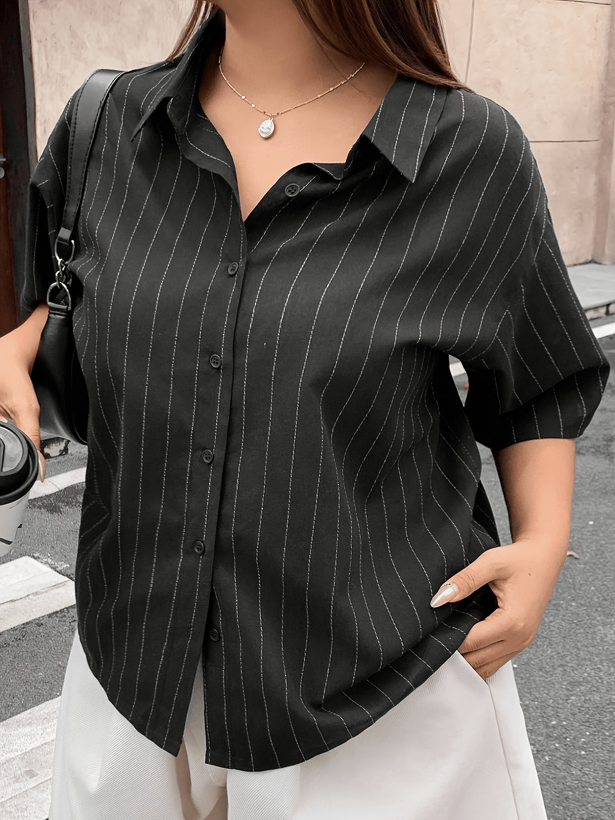 Veste grande taille à rayures, coupe oversize, manches courtes Image
