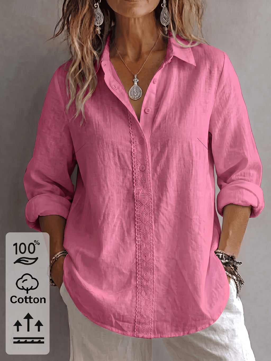 Chemise grande taille en dentelle, coupe oversize, col, porté de face