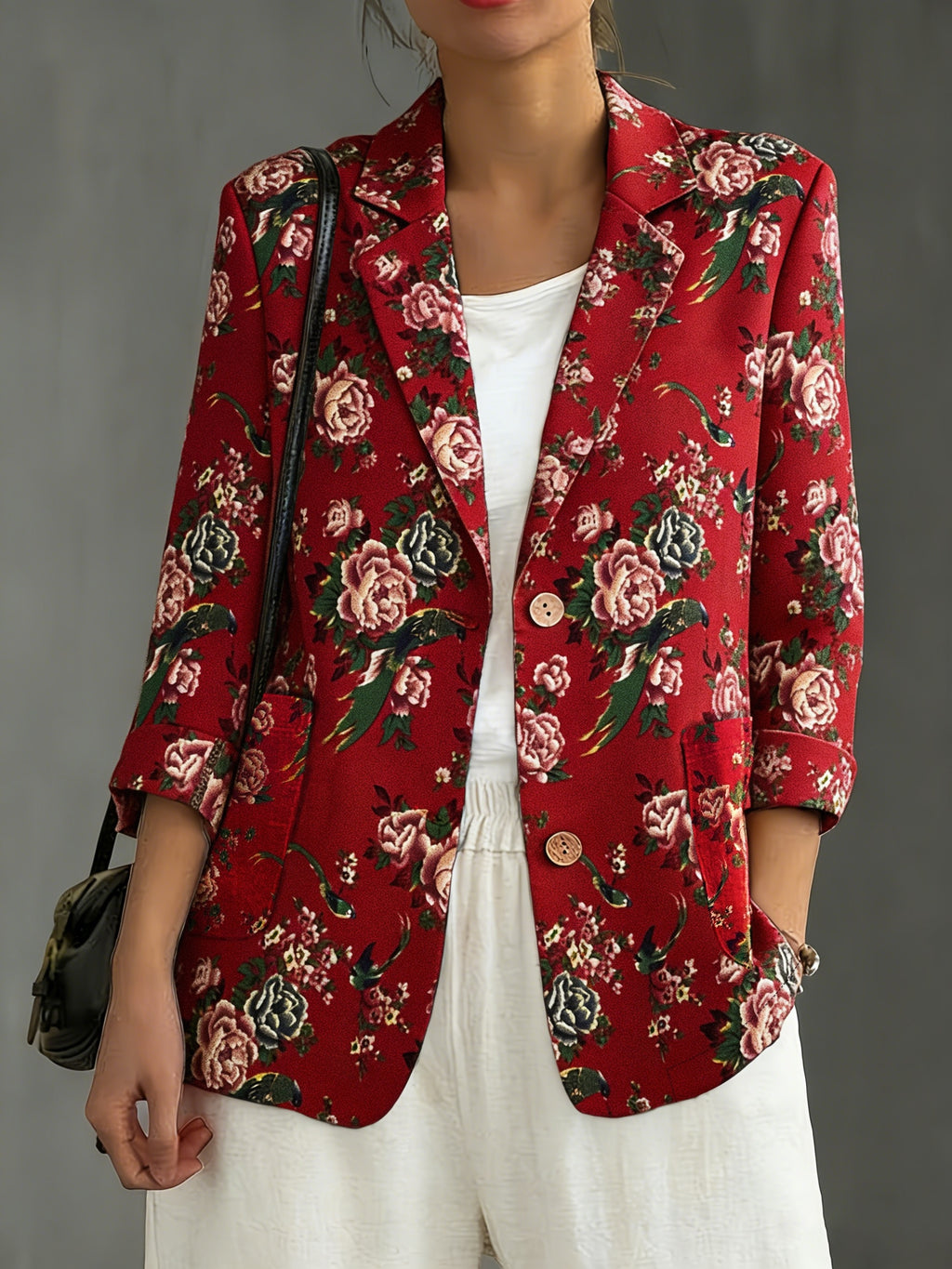 Blazer grande taille à imprimé fleuri, coupe ample, tombé fluide, visuel produit