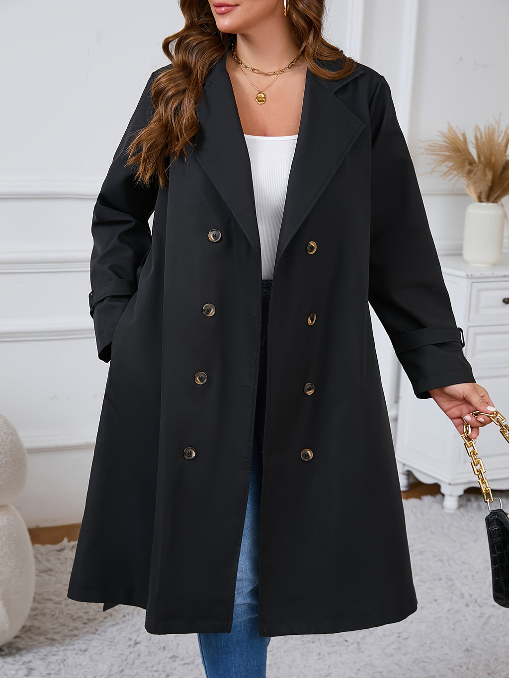 Manteau grande taille, coupe longue, col à revers, boutonnage, autre coloris