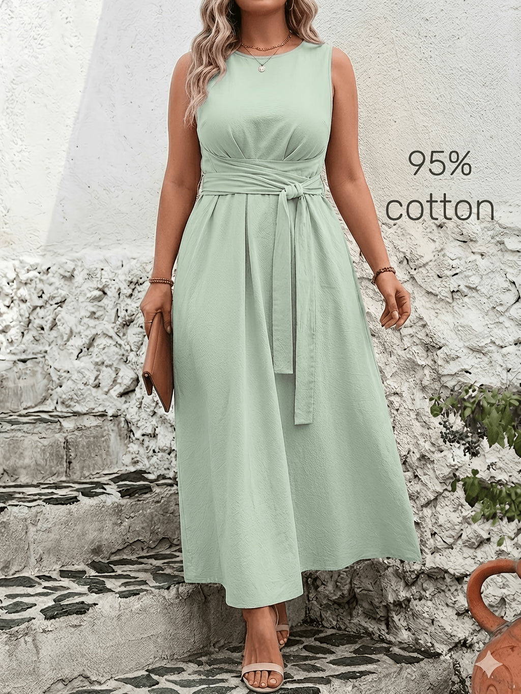 Robe longue grande taille — Coton, ceinture nouée au dos