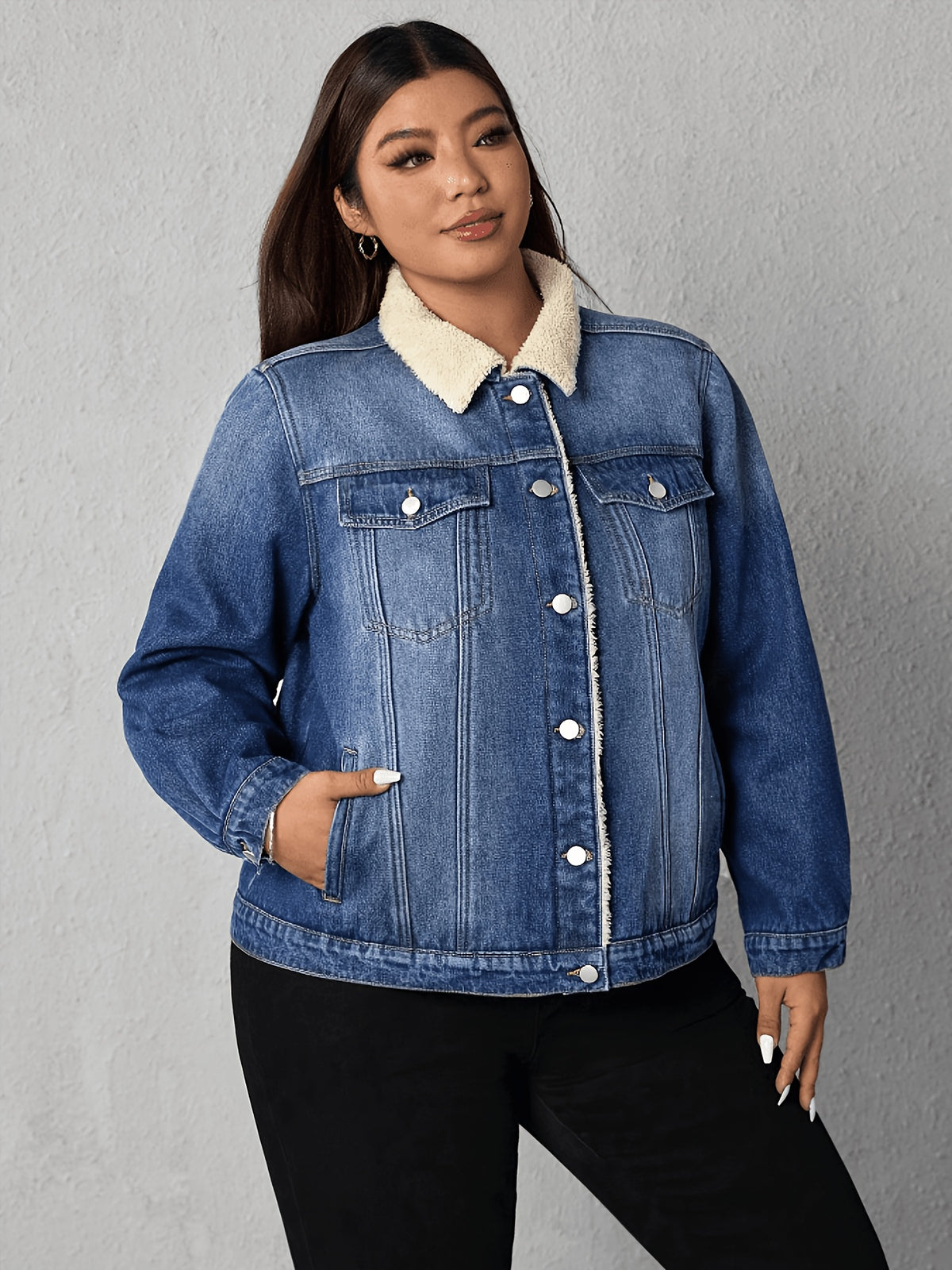 Veste grande taille, coupe oversize, boutonnage, tenue franche, détail du tissu
