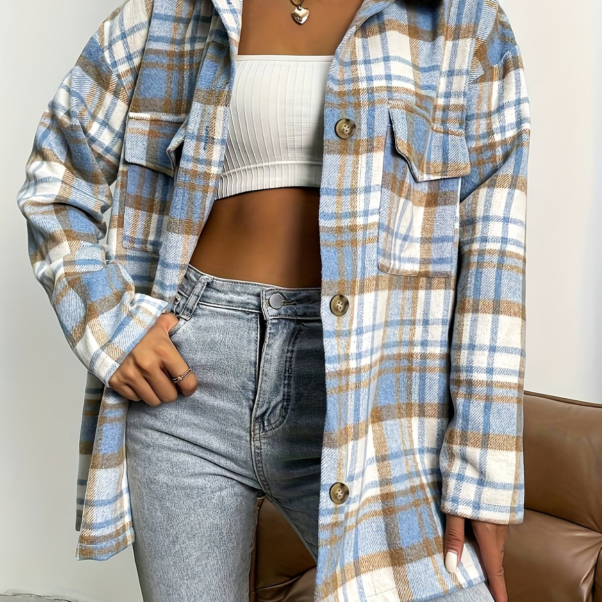 Chemise grande taille à carreaux, poches pratiques — matière : polyester Image