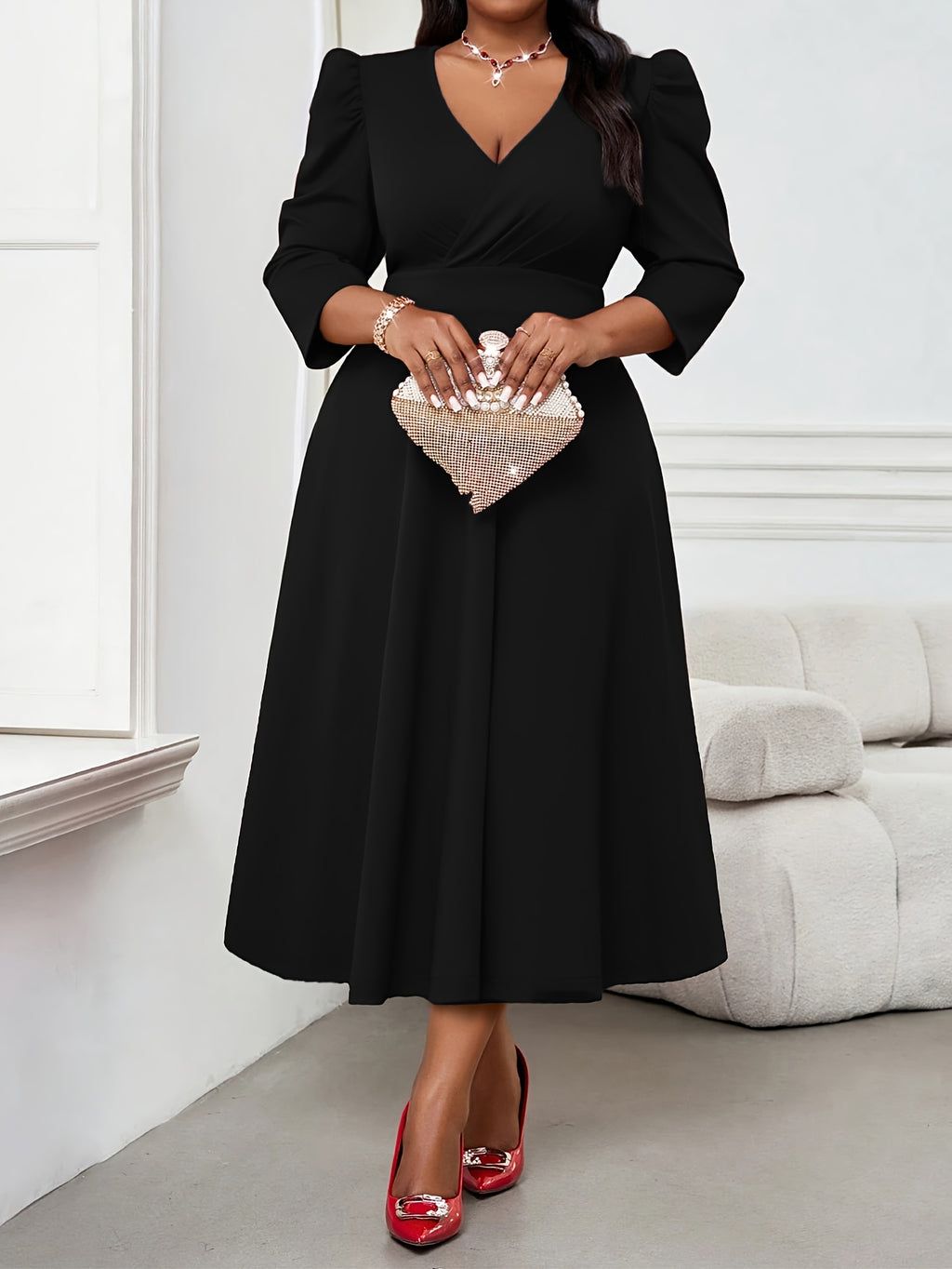 Robe patineuse grande taille — Crêpe extensible manches 3/4