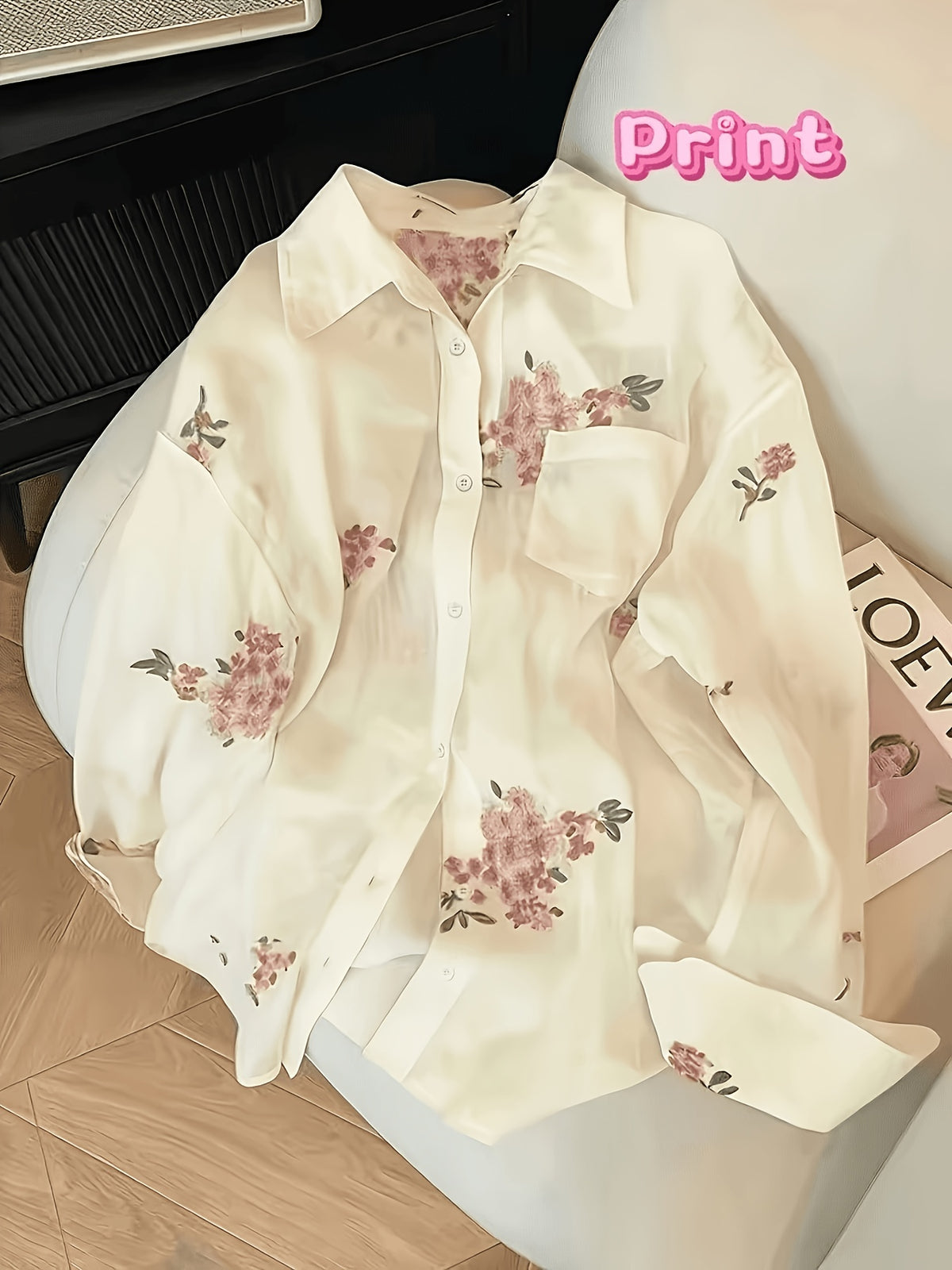 Chemise grande taille à imprimé fleuri, col, vu de dos