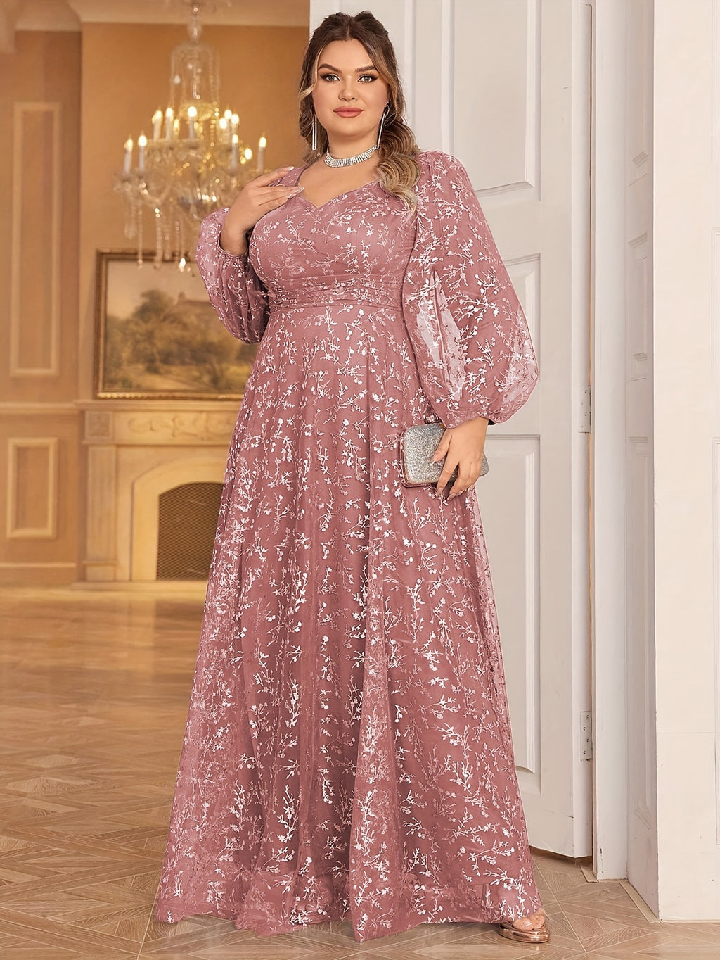 Robe de cérémonie grande taille, tulle à branches de sequins