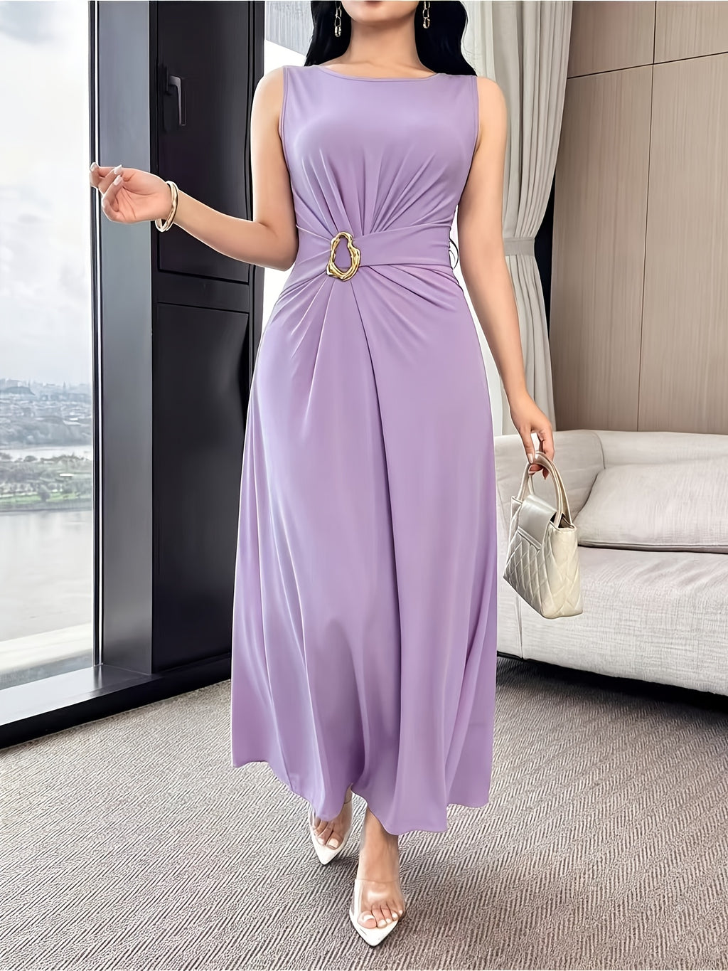 Robe longue grande taille — Bleu canard, anneau doré à la taille