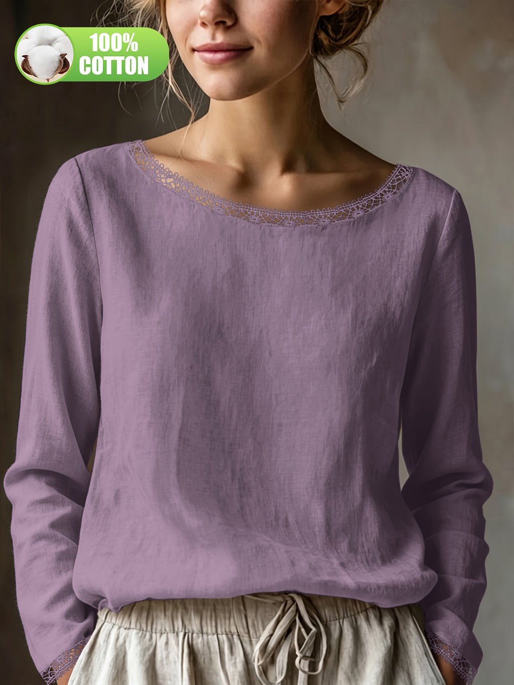 Top grande taille en dentelle, coupe ample, manches longues, toucher naturel, gros plan