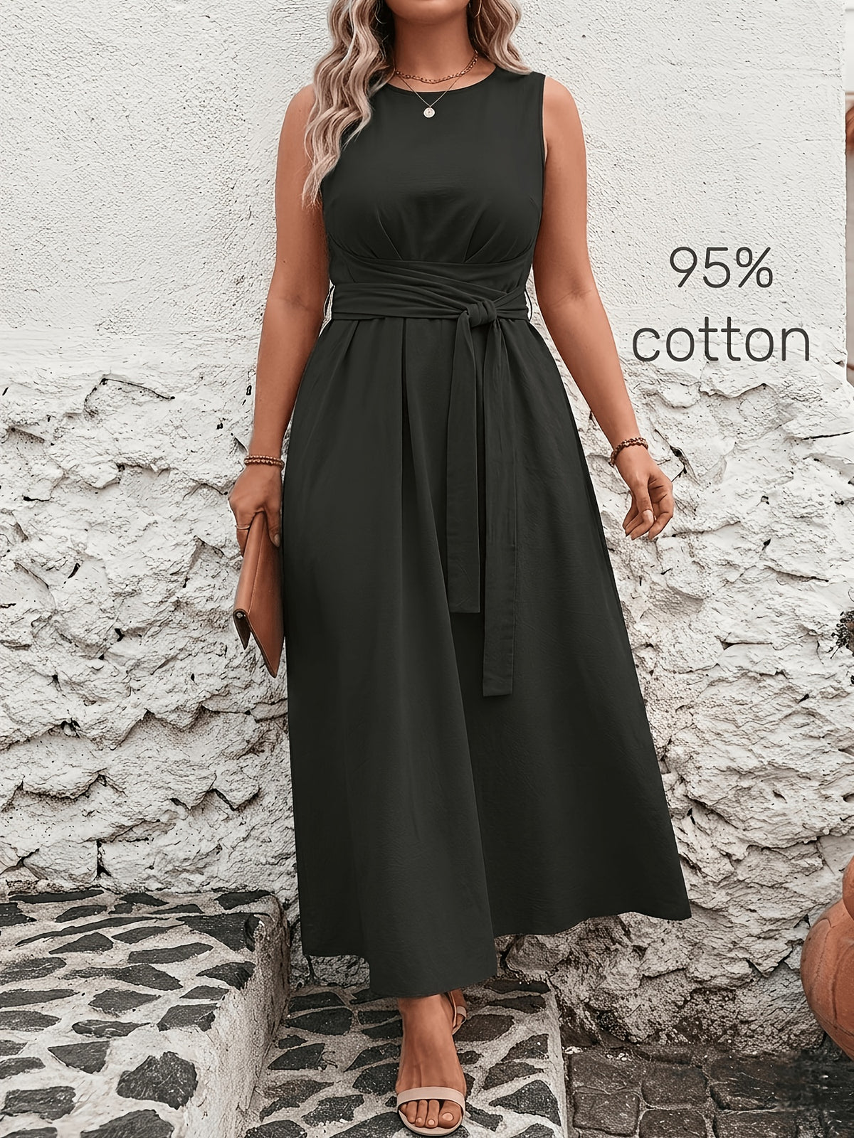 Robe longue grande taille — Coton, ceinture nouée au dos
