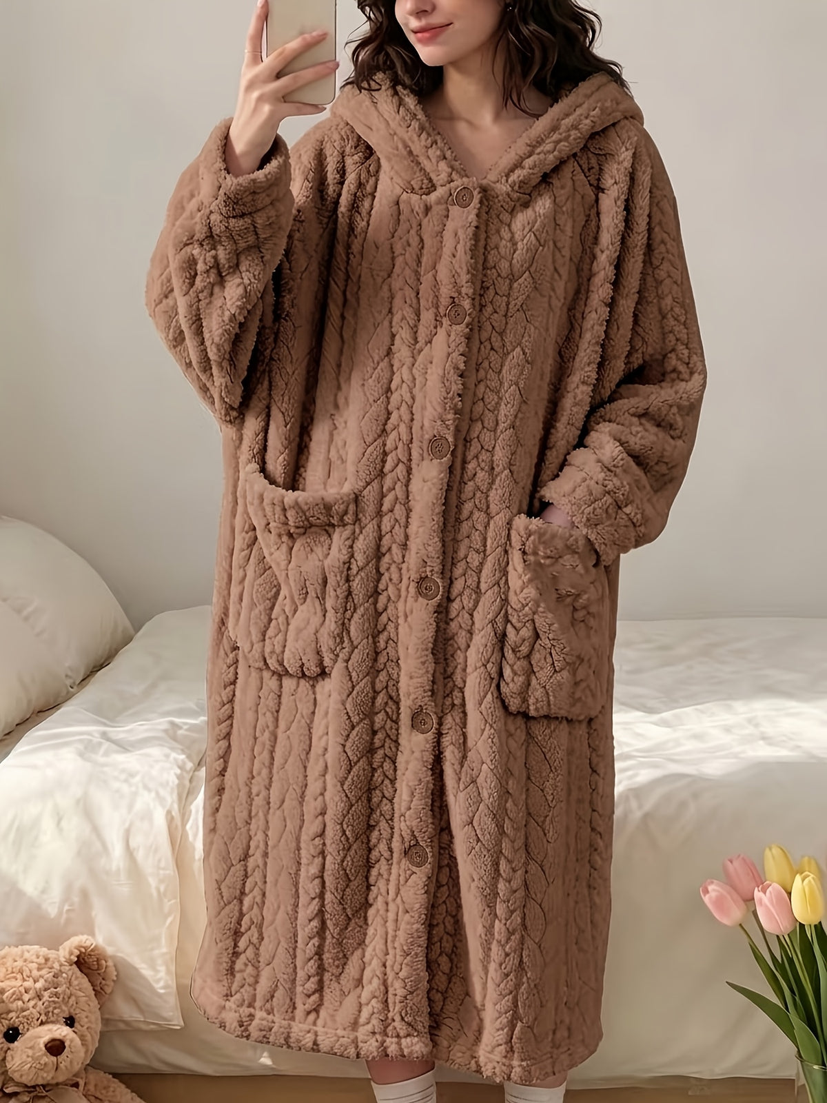 Peignoir grande taille à imprimé géométrique, manches longues, chaleur d'hiver, mise en situation