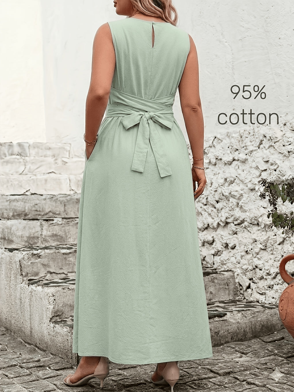 Robe longue grande taille — Coton, ceinture nouée au dos