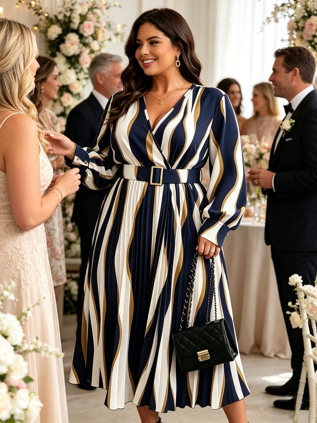 Robe midi grande taille, plissé soleil à rayures ondulées