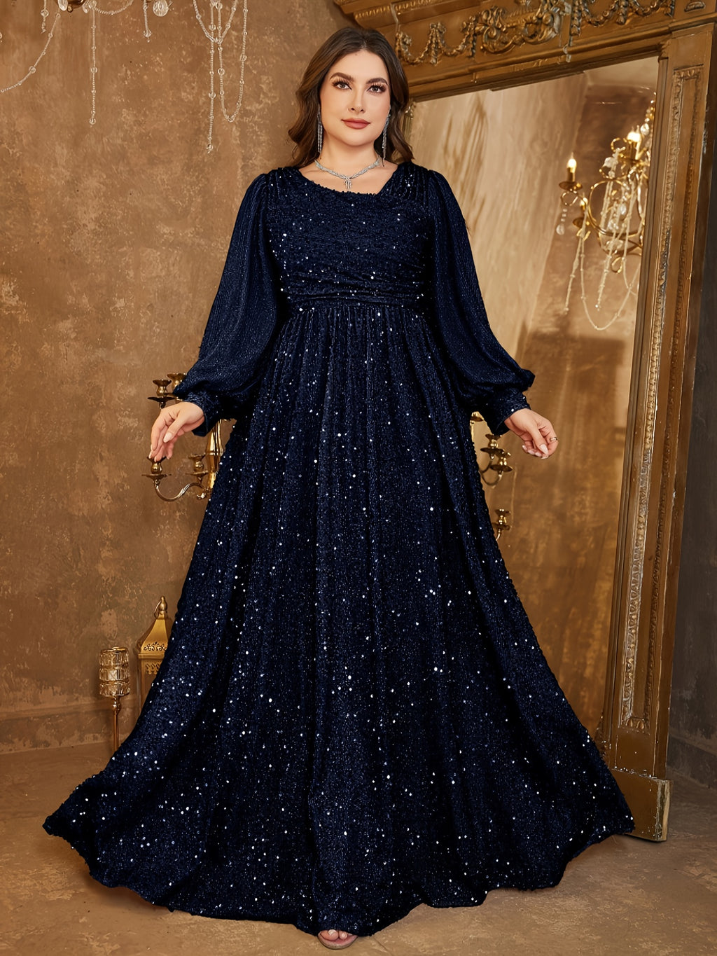 Robe de cérémonie grande taille, manches lanternes pailletées