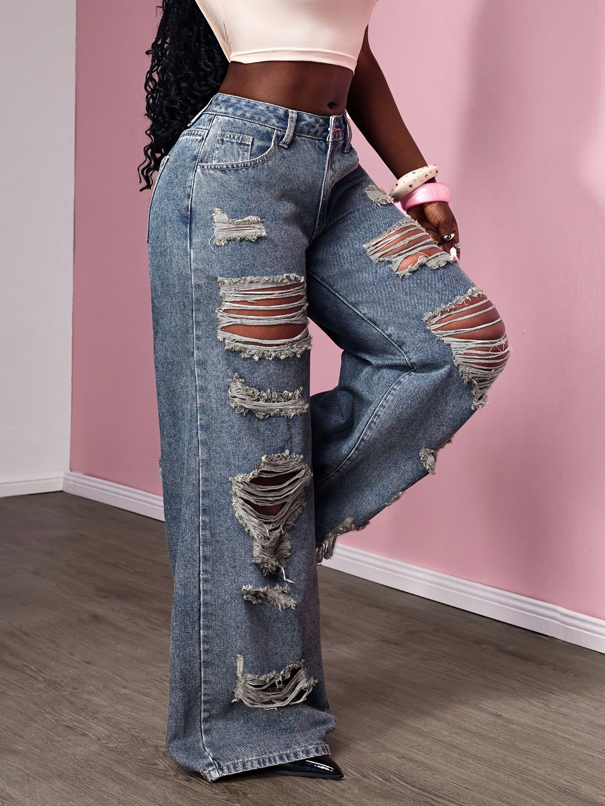 Pantalon grande taille, coupe évasée, toucher naturel, délavage, tissu opaque