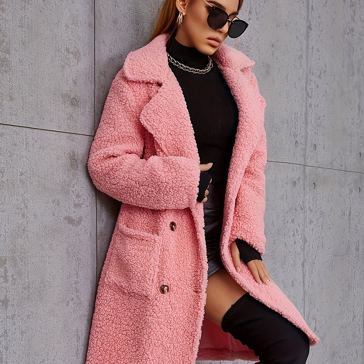 Manteau grande taille, col à revers, boutonnage, chaleur d'hiver — matière : polyester Image