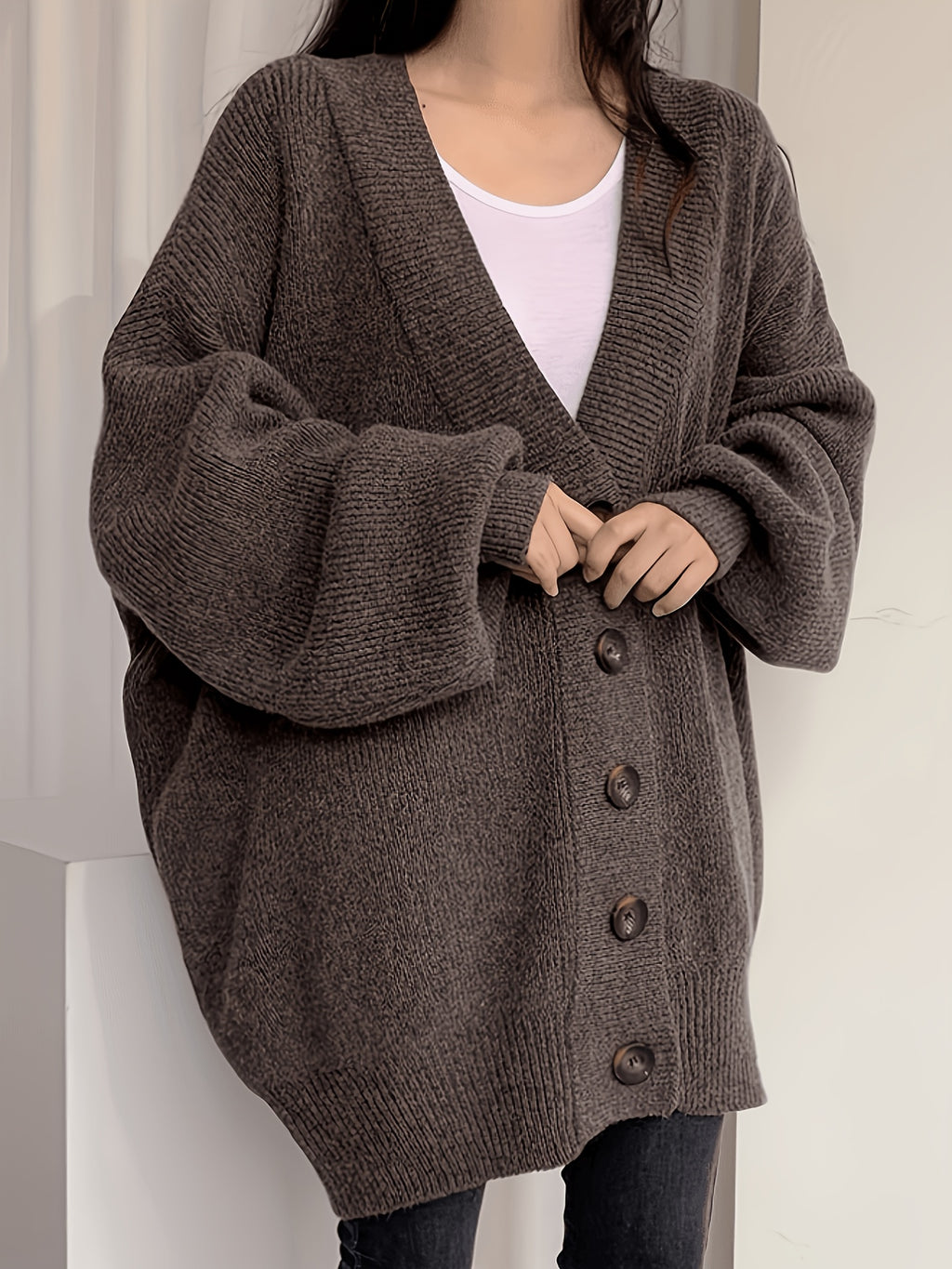 Veste grande taille en laine, coupe ample, col V, tenue chaude