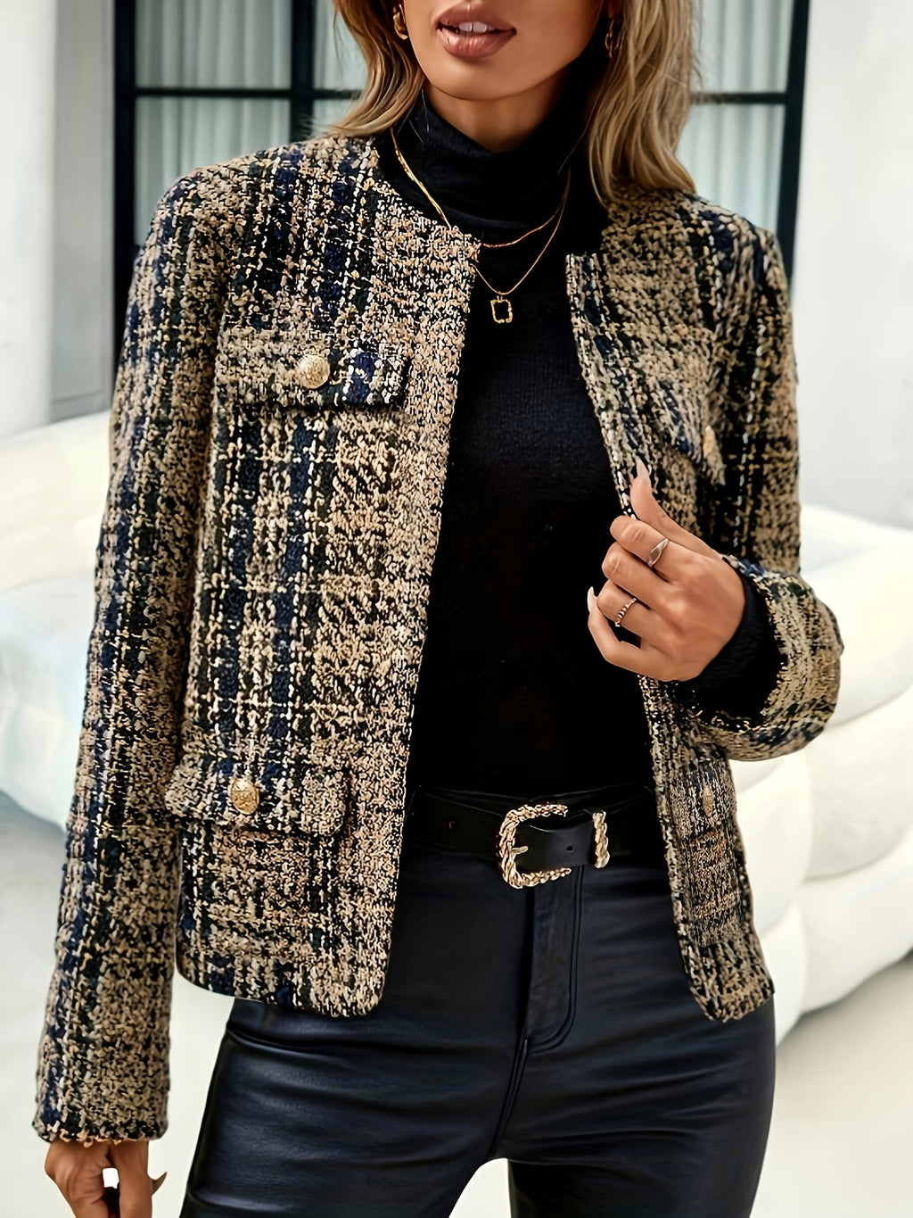 Blazer grande taille en tweed, col mao, boutonnage, manches longues