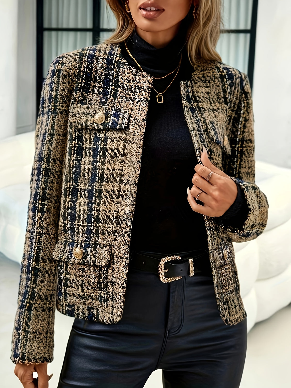 Blazer grande taille en tweed, col mao, boutonnage, manches longues