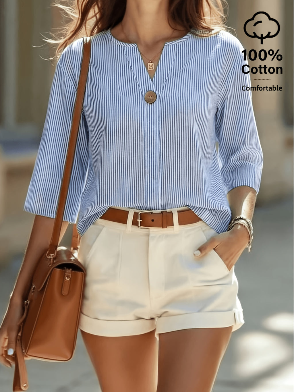 Chemise grande taille à rayures, coupe oversize, col V, toucher naturel — matière : coton