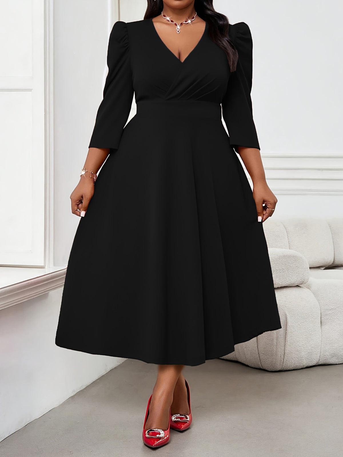 Robe patineuse grande taille — Crêpe extensible manches 3/4