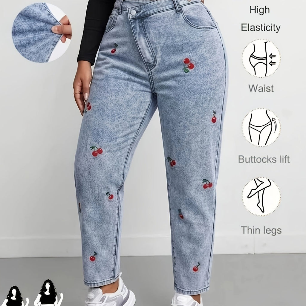 Jean grande taille, coupe oversize, broderie, tenue franche — matière : denim