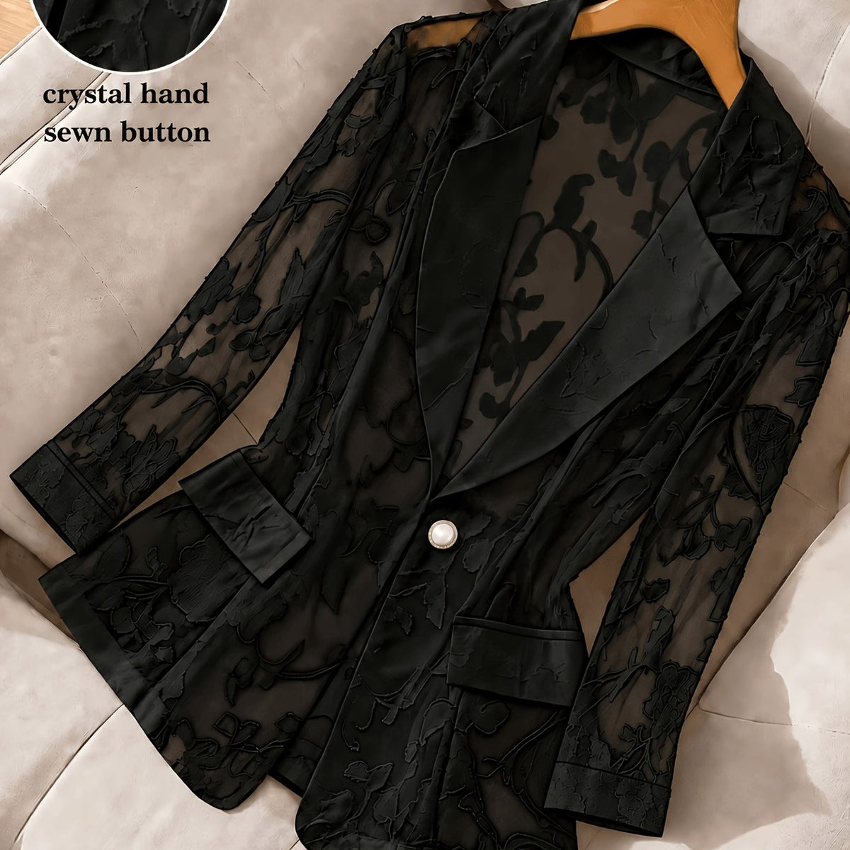 Blazer grande taille en dentelle, coupe oversize, effet ajouré — matière : polyester Image