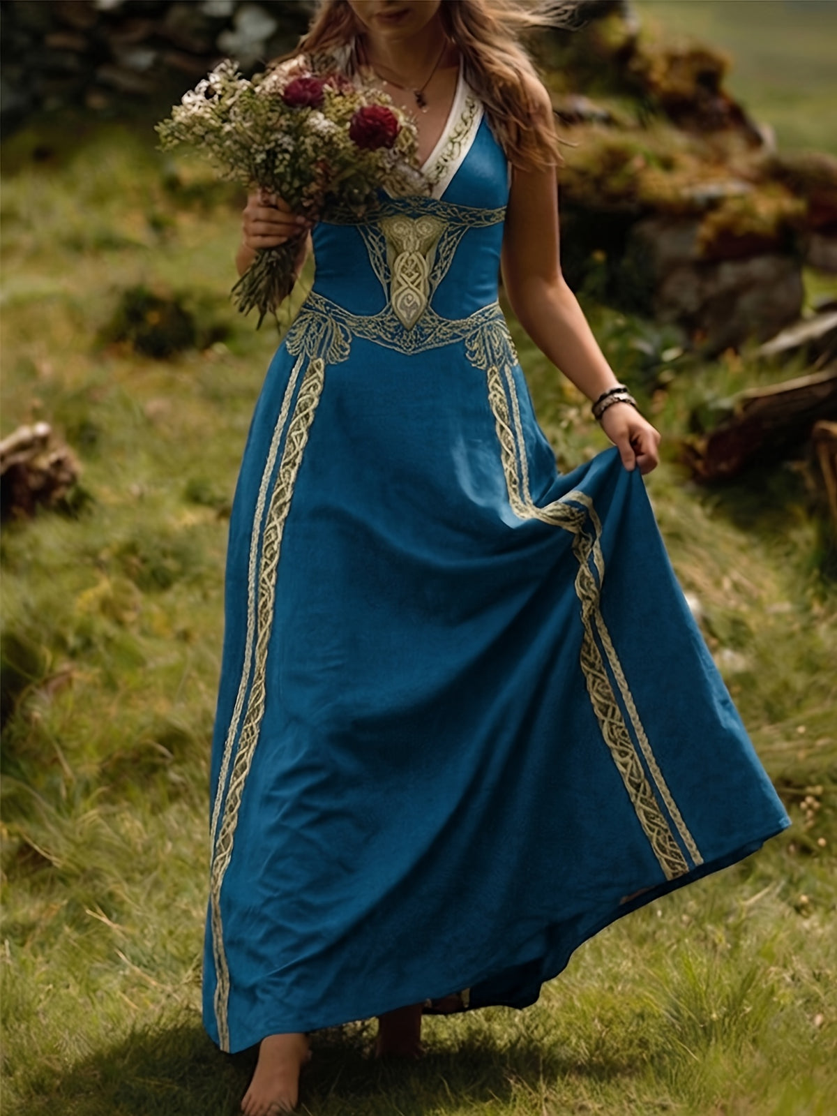 Robe longue grande taille — Entrelacs celtiques et col en V
